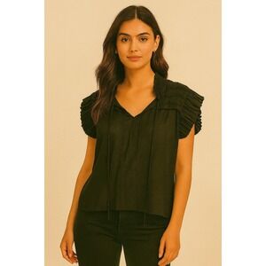 Cotes Of London "The Kent" Satin Boho Minimalist Ruffled Collar L Black Blouse